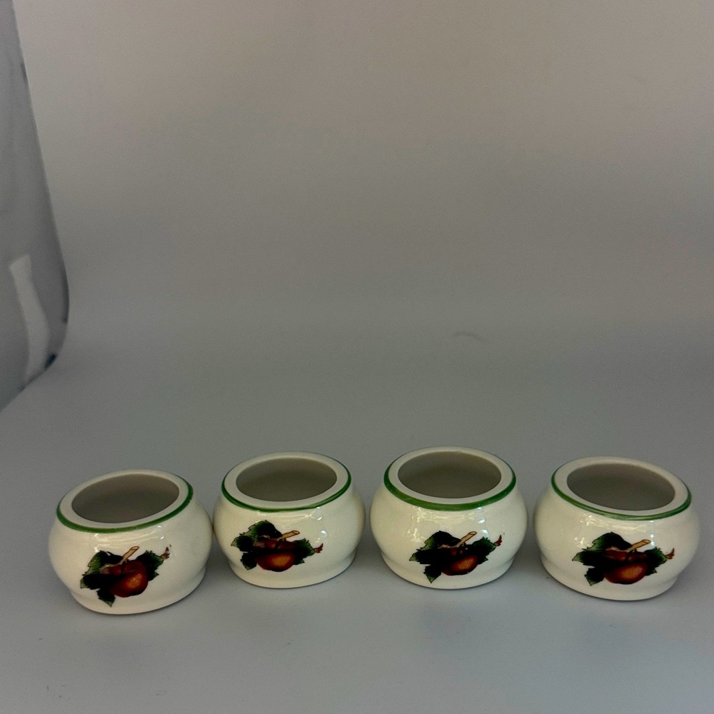 Apple & Cherry Blossom White Ceramic Napkin Rings with Green Trim Set of 4